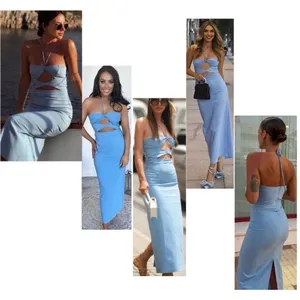 Zara Blogger Favorite Blue Cut-out Halter Top Bodycon Midi Dress Sz L thumbnail 5