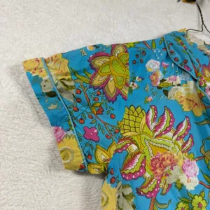Floral‎ M Blue Print 100% Cotton Pajama Top Short Sleeve Pearl Button India Boho thumbnail 4