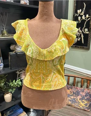Zara Paisley Ruffle Blouse – Yellow & Green, Size Medium thumbnail 1
