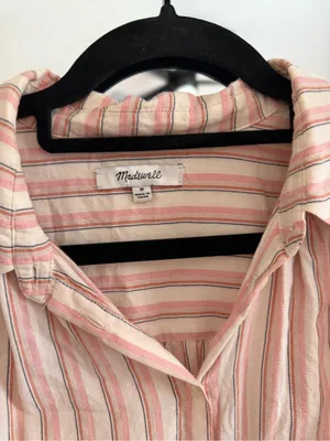 Madewell Pink and White Striped Short-Sleeve Button-Down Shirt Oversized thumbnail 3