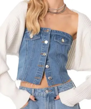 Edikted Denim Strapless Corset Bustier Top thumbnail 10
