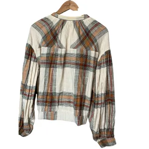 Free People Plaid Cotton Gauze Zip Up Bomber Jacket Cream Orange Brown Womens M thumbnail 3