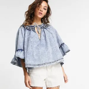 Free People Ainsley Denim Top in Indigo Wash Size Large thumbnail 10