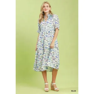 Umgee Print Tiered Midi Dress - Blue - Small thumbnail 4