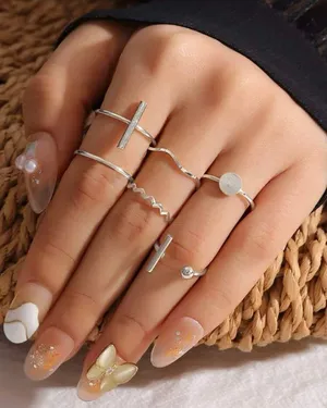 6 pc rings set, pretty bar ring, ball ring, adjustable, wave Silver thumbnail 1