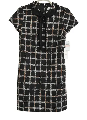 CeCe Size 2 Black Plaid Tweed Shift Dress Bow Neck Fringe NWT Career Chic‎ City thumbnail 1