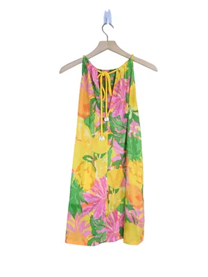 C&C California Women's S Lemon Print Green Pink Linen Blend Mini Beach Sundress thumbnail 2
