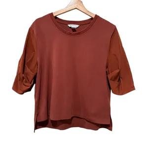 Athleta Harlow Hybrid Shirt Women Sz S Oversized Rust Red Puff Sleeve Crewneck thumbnail 1