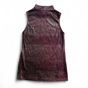 Espresso burgundy - violet mesh sleeveless mock neck top with shimmery gold stripes thumbnail 2