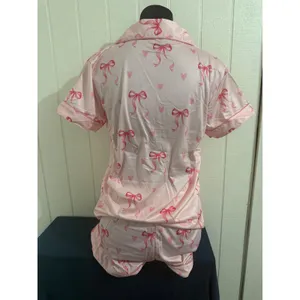 NIB Pink Bow and Heart Print Satin Pajama Set Short Sleeve Button Down Shorts S thumbnail 5