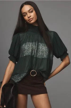 Anthropologie High Neck Lace Swing Blouse Women's S Green Romantic‎ thumbnail 1