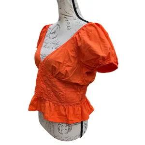 Sim & Sam Paolina Red V-Neck Ruched Peplum Top Open Back Puff Sleeve‎ Cotton XL thumbnail 6