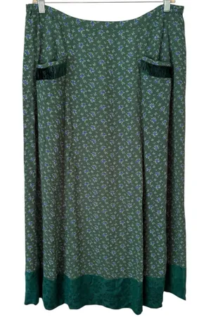 April Cornell Green Satin Trim Blue Floral Maxi Skirt Size Large thumbnail 1