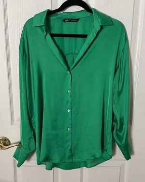 Zara Green Satin Button-Down Blouse size medium thumbnail 1