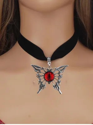 Black Ribbon Choker Necklace Silver Tone Butterfly Charm Pendant Red Center thumbnail 4