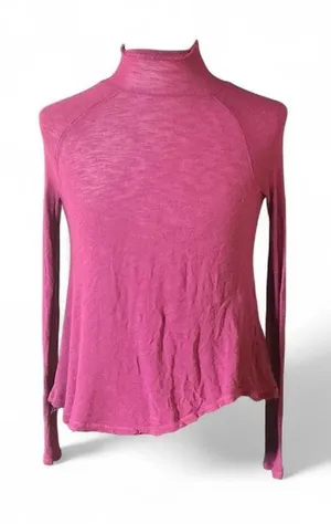 Free People Pink Sheer Long Sleeve Turtleneck Asymmetrical Raw Hem Top‎ XS thumbnail 1