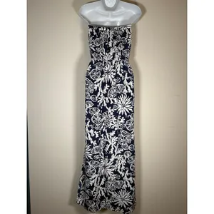 Lilly Pulitzer Maxi Dress Navy Blue Shell Coral Print Strapless Classic Small thumbnail 6