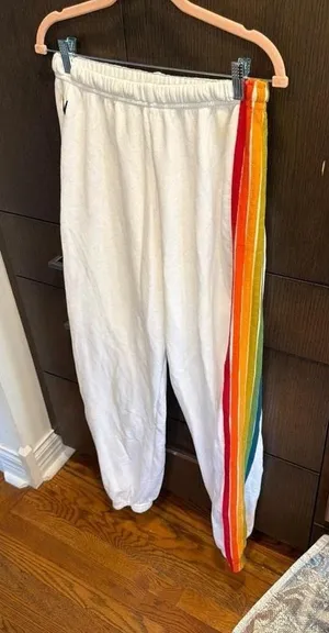 Aviator Nation 5 Stripe sweatpants in a white cotton fabric with rainbow xl thumbnail 1