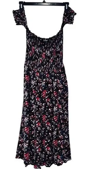Lulus Ditsy Floral Dark Off‎ the Shoulder Smocked Bodice Midi Dress Milkmaid Med thumbnail 1