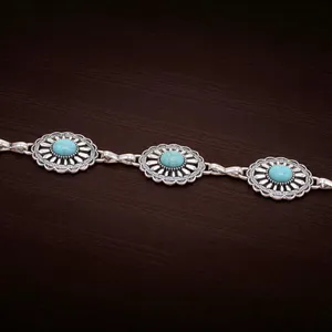 Turquoise Antiqued Style Silver Metal Belt With Carnelian Stone Inlay & Engraved thumbnail 4