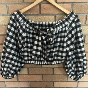 Maeve Anthropologie Black and White Gingham Puff Sleeve Crop Toe Size XS thumbnail 2