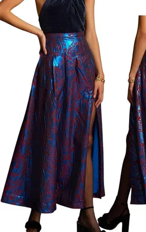 Anthropologie Maeve Pleated Shimmer Maxi Skirt Side Slit Blue Motif Size 4 $160 thumbnail 1