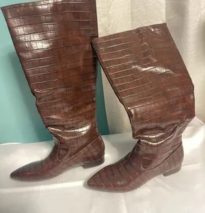 Wmens Size 6.5 Brown Faux Leather Tall Riding Flat Croc Embossed‎ Bin2 thumbnail 1