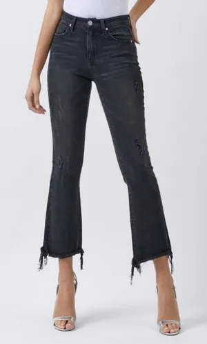 Risen Wide Ankle Flare Jeans Black 38”x28” Mid Rise‎ Distressed Raw Hem Stretch thumbnail 1