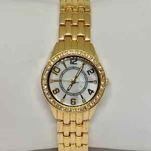 Women’s quartz analog gold tone wrist watch 28mm pearl dial 7”-7.5” running thumbnail 1