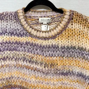 Molly Bracken Womens Striped Chunky Knit Wool Blend Sweater Purple Yellow M thumbnail 4