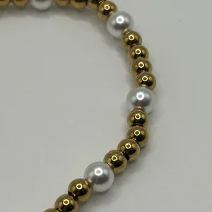 Womens Pearl Gold Chunky Bead Stretch Bracelet 18k Plated Saphir New thumbnail 3