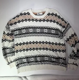 Hollister Women's oversized Fair Isle Crewneck Sweater in White, Black & Tan thumbnail 1