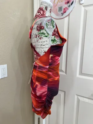 NWT Oh Polly Orange Red Abstract Ruched Mesh Bodycon Mini Dress V-Neck Size 6 thumbnail 3