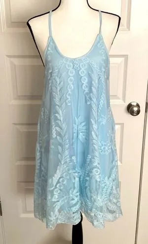 Miami| Sky blue baby doll dress w/ lace overlay. Spaghetti straps w/ razorback thumbnail 1