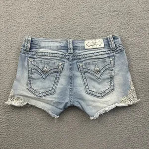 Miss Me Y2K Low Rise Signature Denim Jean Shorts Crochet Boho Festival Women 29 thumbnail 2
