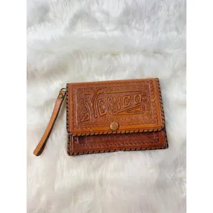 Vintage Tooled Leather Clutch Wallet MEXICO‎ Wrist Strap Brown Snap Closure thumbnail 2