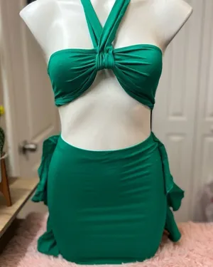 Green Halter Two Piece Set XS | Bandeau Top & Ruffle Skirt Matching Set thumbnail 1
