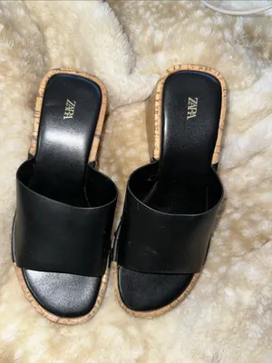 Zara Black Leather Cork-Platform Wedge Slides with Gold Studs thumbnail 3
