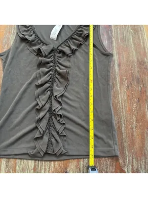 DKNY Olive Green Sleeveless V-Neck Ruffle Blouse Small thumbnail 7