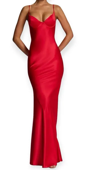 NWT BabyBoo Athena Maxi Dress Red Satin Slip Size XS thumbnail 1