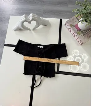 Love Tree Black Smocked Off-the-Shoulder Lace-Up Crop Top - Size M thumbnail 5