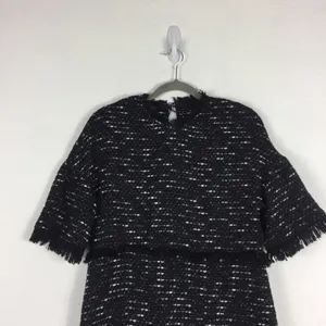Zara Black Fringe Tweed Textured Knit Wide Sleeve Aline Mini Dress Medium thumbnail 5