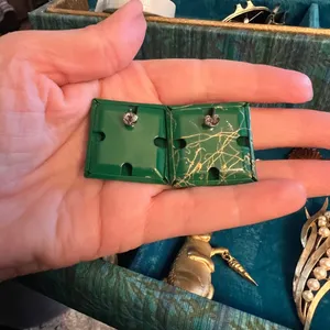 Vintage Art Deco Earrings Green & Gold 80’s Mod Earrings, pierced, acrylic, 1.5” thumbnail 3