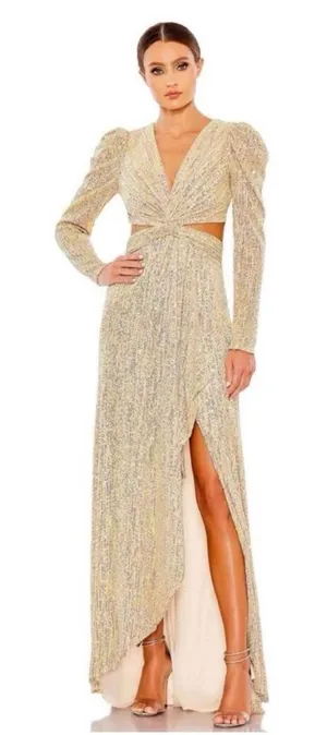 NWT Mac‎ Duggal Metallic Puff Sleeve Front Twist Gown Gold 27050 Sz 8 $298 thumbnail 1