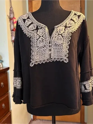 Free People Santa Maria pullover black & cream geometric embroidery size M thumbnail 1