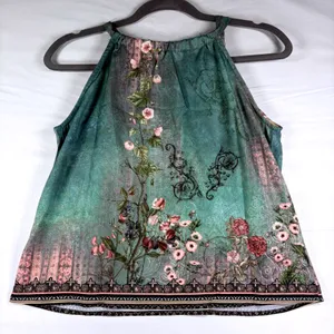 Womens Teal Floral Halter Neck Bow Back Sleeveless‎ Blouse Top Small thumbnail 2