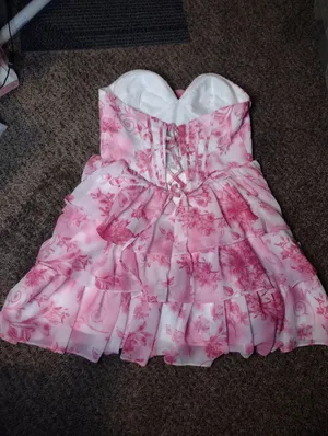 New Floral Pink Chiffon Strapless Tiered A Line Mini Prom Homecoming Formal Gown thumbnail 7