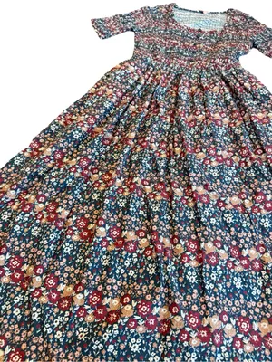 Ivy City Co Navy Burgundy Floral Smocked Midi Dress Boho Chic Day Medium Women's thumbnail 7