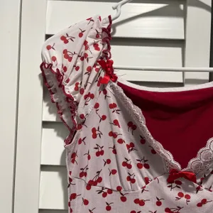 Romwe Coquette girl cherry print mesh lace trim sweetheart neckline dress red white xs thumbnail 2