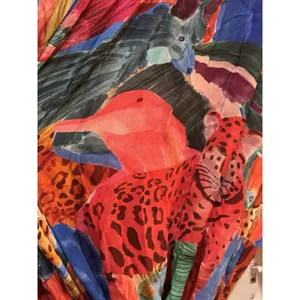 Farm Rio Animal Collage Maxi Dress Red Long Sleeves Tiered Beaded Tassels thumbnail 6